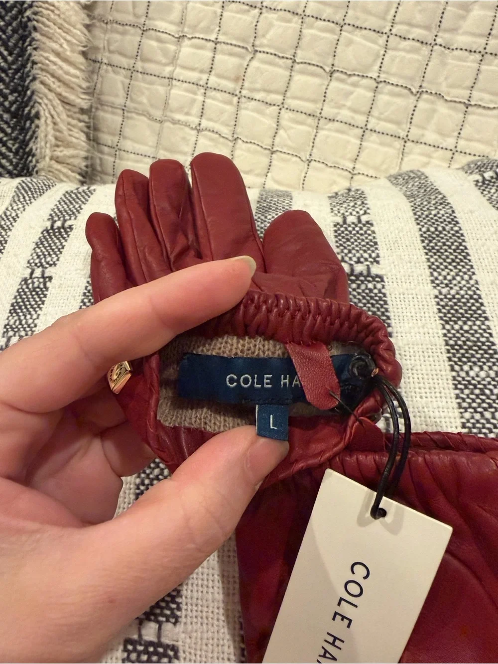 Cole Haan Leather Whipstitch Gloves Cashmere Wool Lined NWT Large